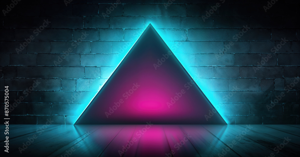 Aufkleber empty stage illuminated by a vibrant neon triangle light against a dark brick wall, creating a capti