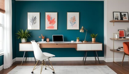 A chic home office with a sleek desk, ergonomic chair, and vibrant accent wall.