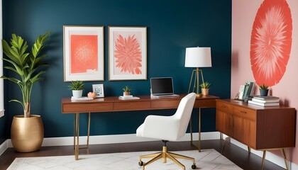 A chic home office with a sleek desk, ergonomic chair, and vibrant accent wall.