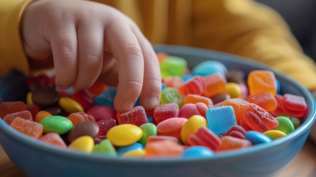 A closeup shot of a childs hand reaching into a bowl overflowing with colorful candies