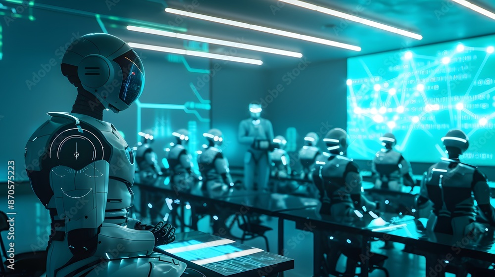 Poster a futuristic classroom with a robot teacher training human students using holographic labeled data, 