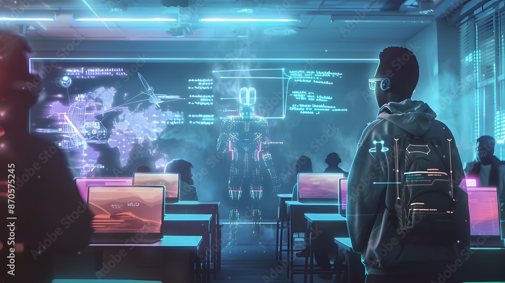 Poster a futuristic classroom with a robot teacher training human students using holographic labeled data, 