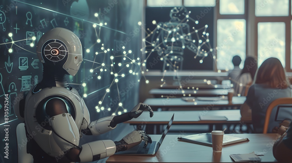 Poster a futuristic classroom with a robot teacher training human students using holographic labeled data, 