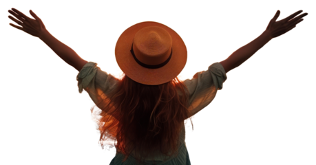 PNG Happy girl wearing a hat with arms up enjoy freedom at the beach at sunset outdoors nature adult.