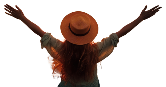 PNG Happy girl wearing a hat with arms up enjoy freedom at the beach at sunset outdoors nature adult.