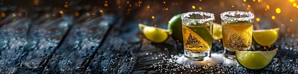 Fototapeta premium Three shots of tequila with salt and lime, Mexican national drink. Golden tequila shots. place for text. Long banner format
