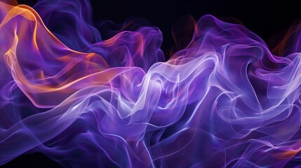 Obraz premium Abstract flowing purple and blue waves and lines with orange highlights in a black background.
