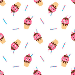Pattern with cartoon  Ice cream with chocolate, design of summer elements, fun ice cream with cocktail straw, on white background.