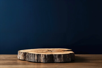 Round wooden log cross section on table displaying products with a dark blue background