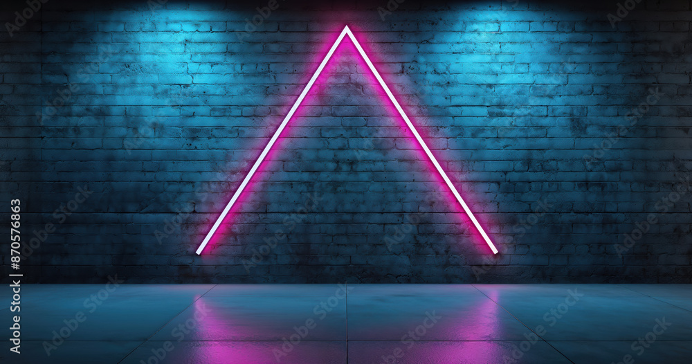 Aufkleber pink neon sign shaped triangle glowing on a brick wall background is illuminating an empty room
