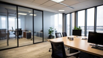 Blurred office interior space background. Working space with defocused effect. Business concept