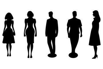 Standing man and women silhouette icon set