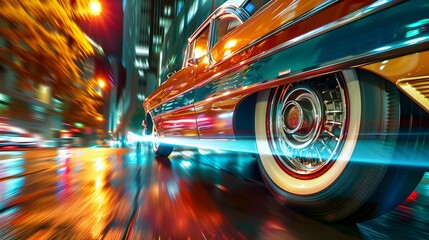 Vintage Car Wheels Spinning At Night