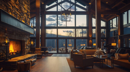 Fototapeta premium Elegant mountain resort club interior at sunset