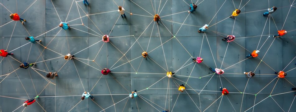 Simplified network of people connecting, symbolizing the complexity and intricacy in building business connections through social media marketing.. grey background with copy space for text stock photo