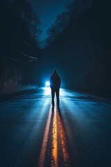 Person Standing in the Middle of a Road at Night