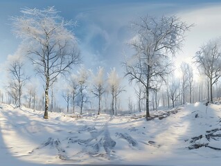 Fototapeta premium Winter landscape with snow covered trees and sun in the blue sky.