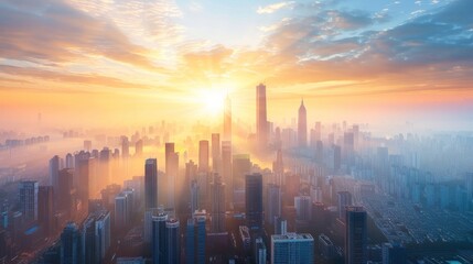 Fototapeta premium A captivating sunrise over a bustling city skyline, with the sun's rays piercing through the towering skyscrapers, creating a dramatic contrast between the natural and urban worlds.