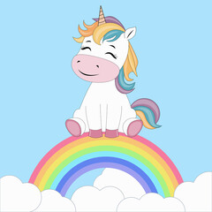 Unicorn sitting on a rainbow with clouds