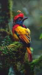 Fototapeta premium Colorful tropic bird perched on mossy branch in rainforest, exotic wildlife