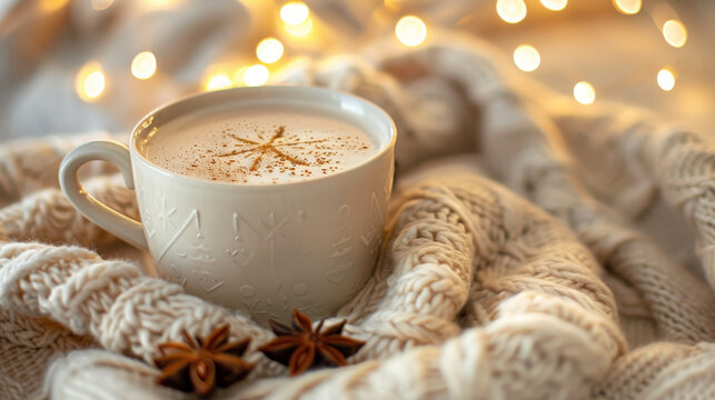 A steaming cup of chai tea latte with holiday spices, set on a cozy blanket with Christmas lights in the background, chai tea latte, cozy holiday drink