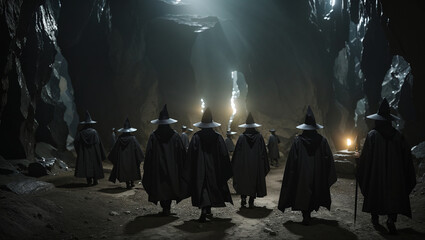 Obraz premium It's a group of people in black robes and hats walking in a dark cave.