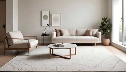 A minimalist living room with sleek, neutral-toned furniture and a geometric patterned rug.