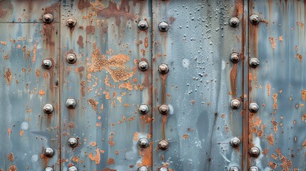 Rustic Metal Background Texture with Weathered Panels, Rust Patches, and Rivets Close-Up