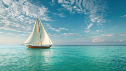 Fototapeta premium A classic wooden sailboat with billowing white sails gliding serenely across a calm turquoise sea