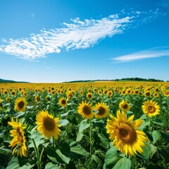 Obraz premium Sunflower field under blue sky, vibrant landscape