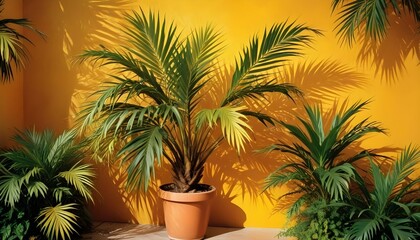 Obraz premium A potted palm tree in front of an abstract, colorful background with warm orange and yellow tones