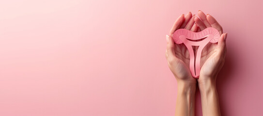 Female reproductive health concept. Woman hand holding uterus shape made frome paper on pink background. Awareness of uterus illness such as endometriosis, PCOS, or gynecologic cancer.