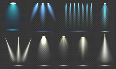 Set of isolated spotlight light effects. Blue and yellow glowing spotlight. Bright lighting with spotlights.