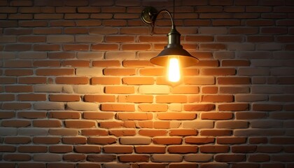 An old brick wall with a vintage-style lamp hanging in the center, casting a warm, golden glow on...