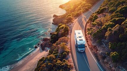 An aerial view of a white motorhome driving along a winding coastal road at sunset. The sun is setting behind the motorhome, casting a warm glow on the scene