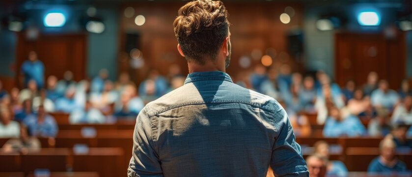 A man stands at the front of a crowded lecture hall, giving a presentation or speech, engaging the audience in a professional setting.