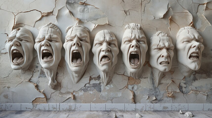 Six plaster faces, contorted in a silent scream, adorn a crumbling wall.  The scene evokes a sense of distress and the passage of time.