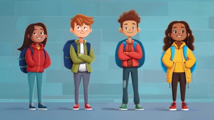 Four cartoon children with backpacks standing in a row, ready for school.