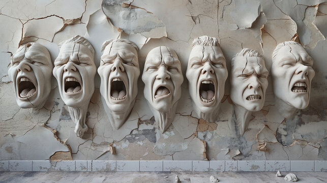 Six plaster faces, contorted in a silent scream, adorn a crumbling wall.  The scene evokes a sense of distress and the passage of time.