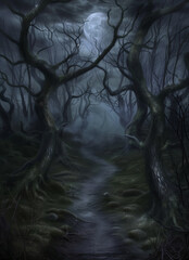 Obraz premium Waldweg umsäumt mit krummen Bäumen in einer unwirklichen Umgebung im Nebel