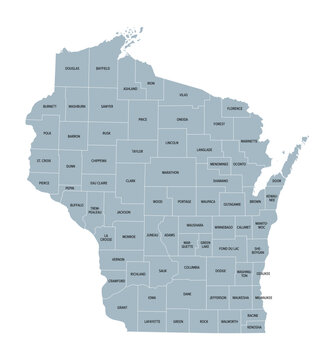 Wisconsin counties, gray political map. A state in the Great Lakes region of the Upper Midwest of the United States, subdivided into 72 counties. Map with boundaries and county names. Illustration