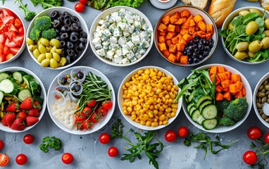 A variety of fresh salad ingredients in bowls, ready to be assembled.  Perfect for a healthy and delicious meal.