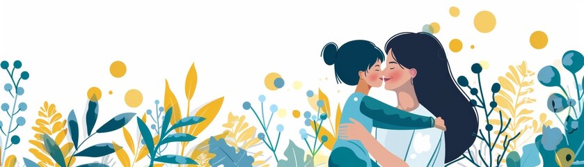 Mother and daughter hug in a field of flowers.