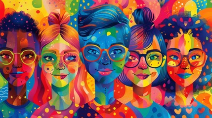 Obraz premium A diverse group of children with colorful faces and clothing, representing unity and inclusivity.