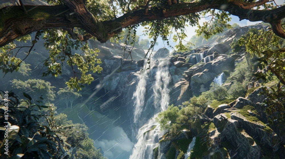 Poster overhanging branches frame the waterfall's descent, adding to its natural splendor and allure.