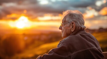 Senior elder stands at balcony fence enjoy view of sunset mountain range yellow sky foggy mountain range horizon grey hair Caucasian male in denim spectacles eyeglasses
