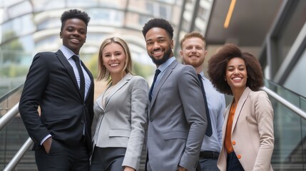 Obraz premium Portrait of businessman businesswoman confident beautiful smile stand on staircase in company male and female in suit
