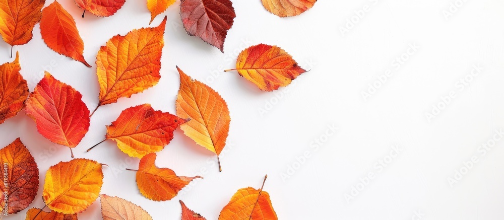 Poster close-up view of vibrant autumn leaves on white backdrop with copy space image.