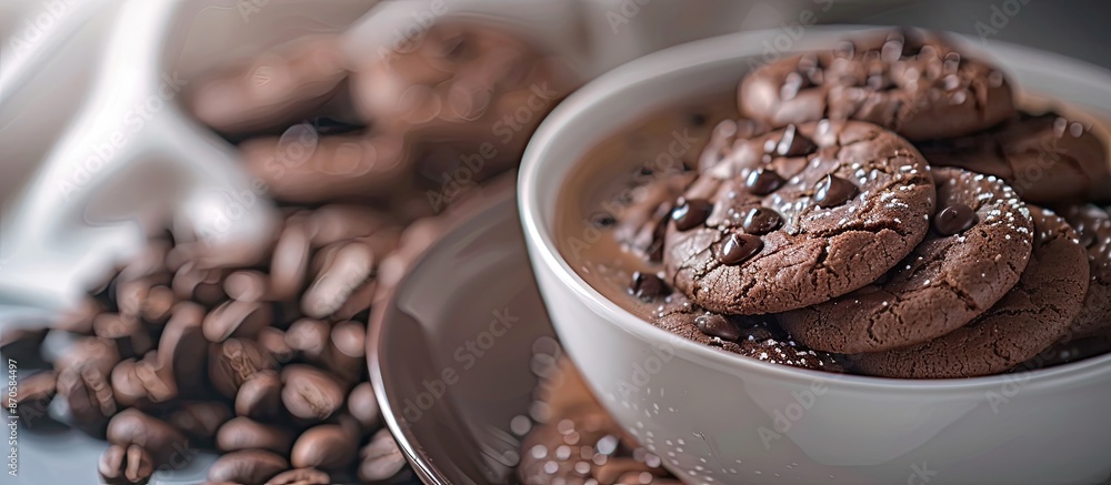 Aufkleber Close up of chocolate cookies and coffee cup, creating a symbolic copy space image representing a delicious snack or sweet dessert with selective focus.