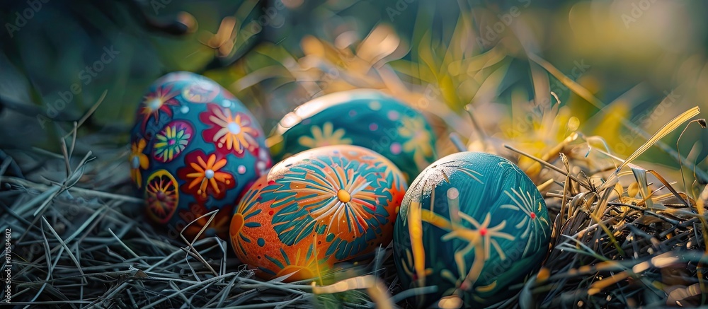 Poster easter eggs painted and placed on straw in the grass, captured in a copy space image.